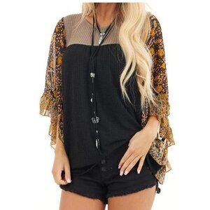 Women’s Size L 3/4 Batwing Sleeve Empire Waffle Woven Chiffon Top